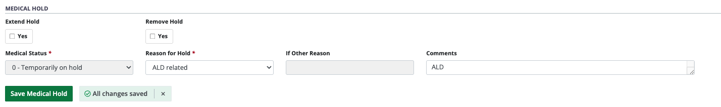 Example - medical status form completed for medical hold